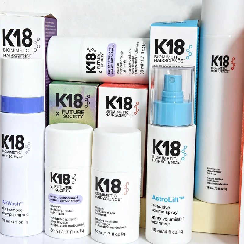 Hair Care K18 - K18 リーブイン モレキュラーリペア ヘアマスク。深層コンディショニング、ケラチン配合で髪を柔らかくし、なめらかに整え、健康的な髪へと導きます。50ml、150ml。