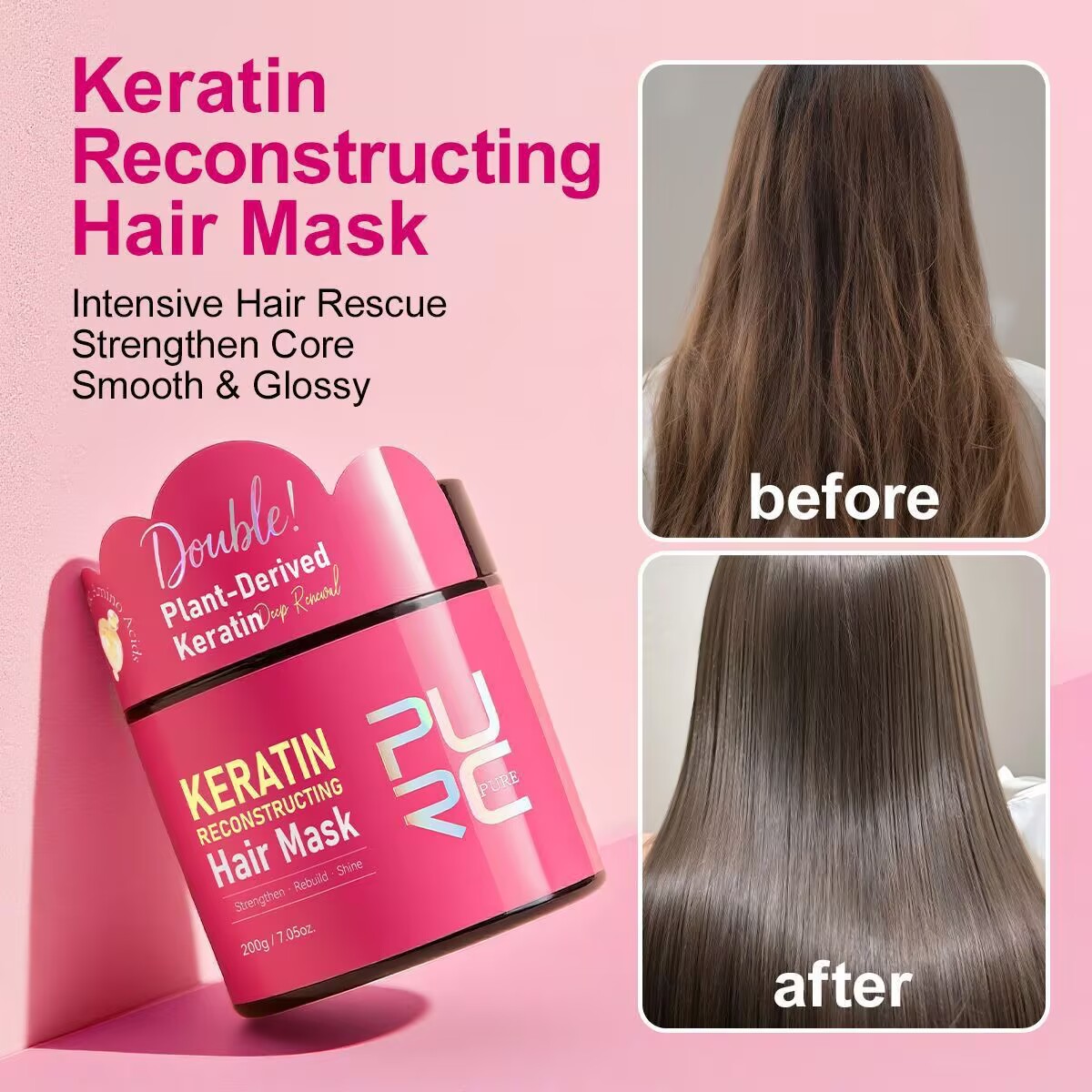 Hair Care Products - PURC 200g ケラチン配合ヘアマスク。ストレート効果、なめらかさ、コラーゲン配合で、ダメージを受けた髪を補修し、ふんわりとした美しい髪へと導くヘアケア製品。